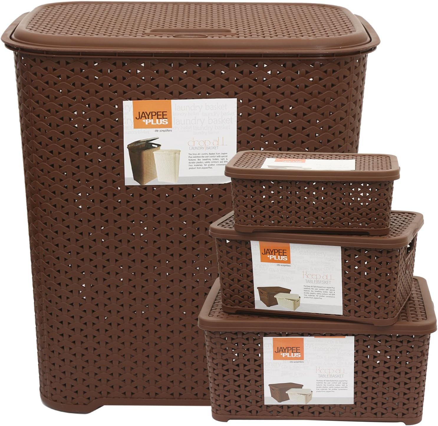 Jaypee Plus Drop All Small & Keep All 3+1 Combo Laundry Basket 50 litres with 3 Storage Organizer for Kitchen, Clothes, Multipurpose Capacity 9 Liter, 4 Liter, 2.5 Liter, Plastic,Brown