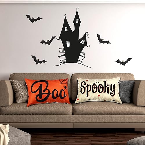 Miniatura 4 de 2 piezas de fundas de almohada de Halloween de tela de lino para Halloween, funda de cojín de lino con letras espeluznantes para decoración de cama,
