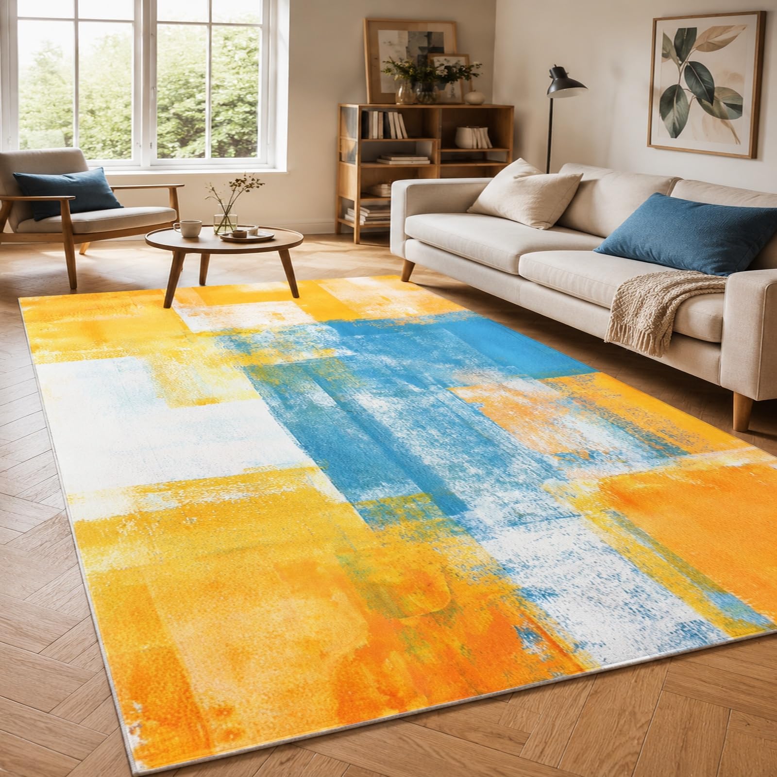Generisch Dywan do sypialni, nowoczesny, abstrakcyjny, żółty, niebieski, biało-pomarańczowy, 120 x 160 cm, nadaje się do prania w pralce, do wnętrz, kuchni, salonu, meble, akcesoria do mieszkania