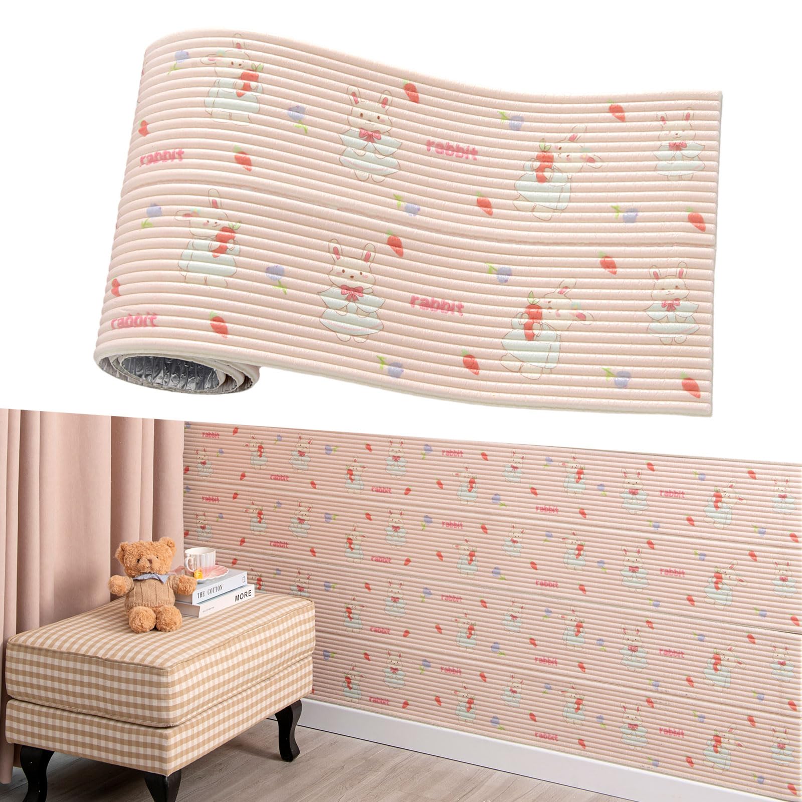 Kid's Anti Collision Wall Padding,40x200cm Self-Adhesive 3D Wall Stickers Headboard Bed Upholstered Padded Wall Panels for Children's Room,Dance Club (Rabbit)