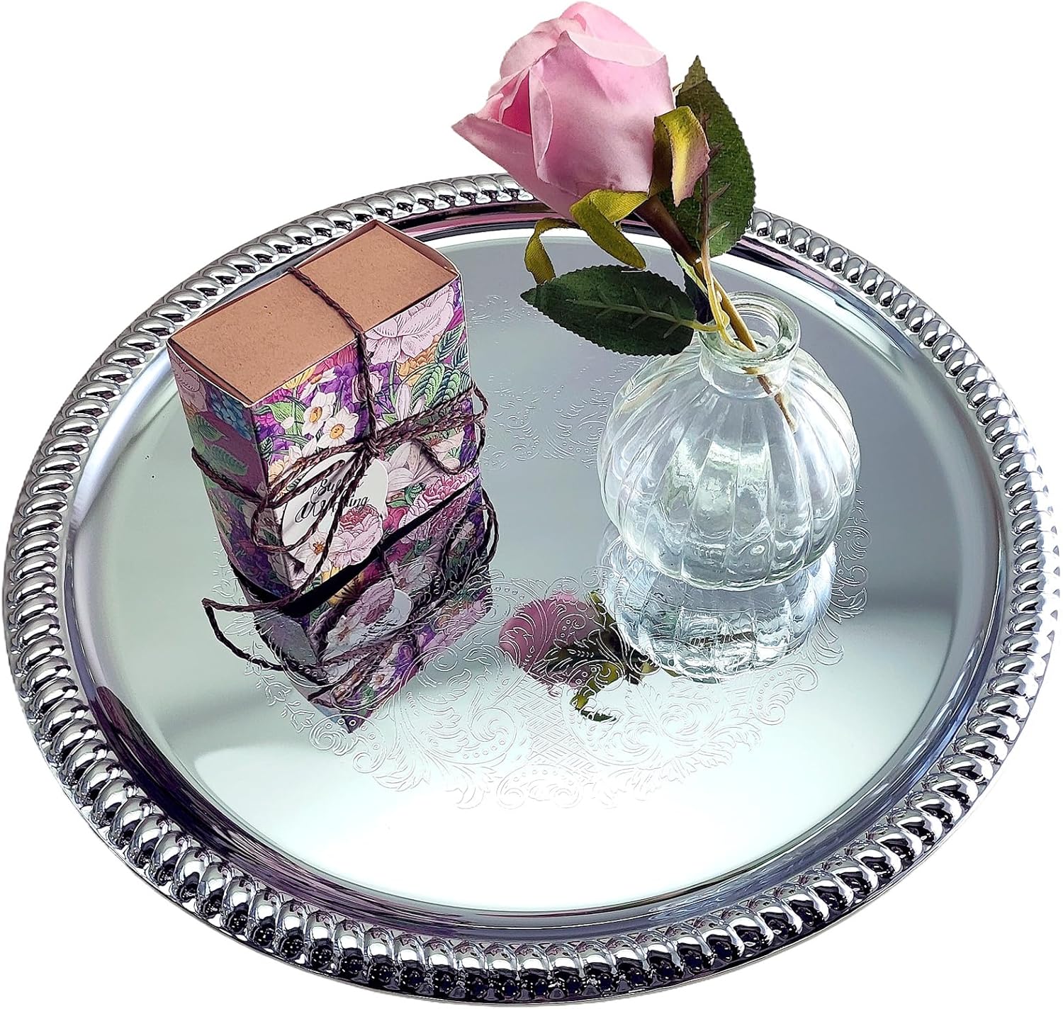 (Pack of 4) 14-Inch Traditional Round Floral Pattern Engraved Catering Chrome Plated Serving Tray Mirror Plate Silver Metal Platter Tableware Wedding Birthday (Extra Large) T139-14-4PK