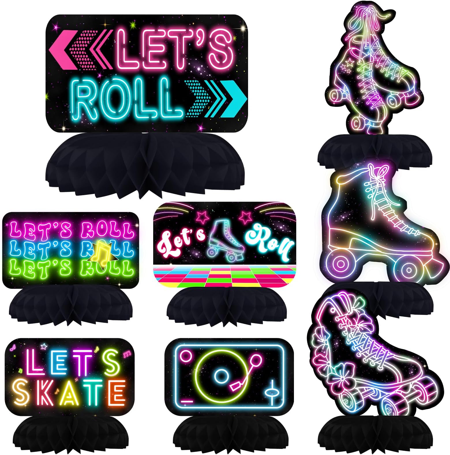 Roller Skating Party Centerpiece Set - Skating Honeycomb Birthday Decorations and Roller Skating Table Toppers for Kids' Skating-Themed Birthday and Baby Shower Table Decor