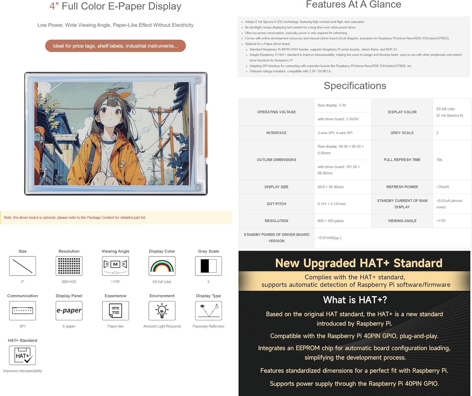 4inch E Ink Spectra 6 (E6) Full Color E-Paper Display HAT+, 600×400 Pixels, SPI Communication, with HAT+ Standard Driver Board (4inch e-Paper HAT+ (E))