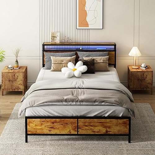 Miniatura 7 de Base de cama tamaño Queen con cabecero, base de cama con estantes para libros, estación de carga integrada y luces LED RGB, marco de cama de