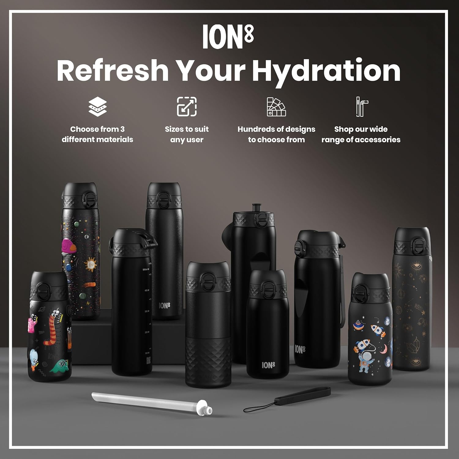 Ion8 1 Litre Water Bottle, Leak Proof, Flip Lid, Carry Handle, Rapid Liquid Flow, Dishwasher Safe, BPA Free, Soft Touch Contoured Grip, Ideal for Sports and Gym, Carbon Neutral, 32 oz, Black