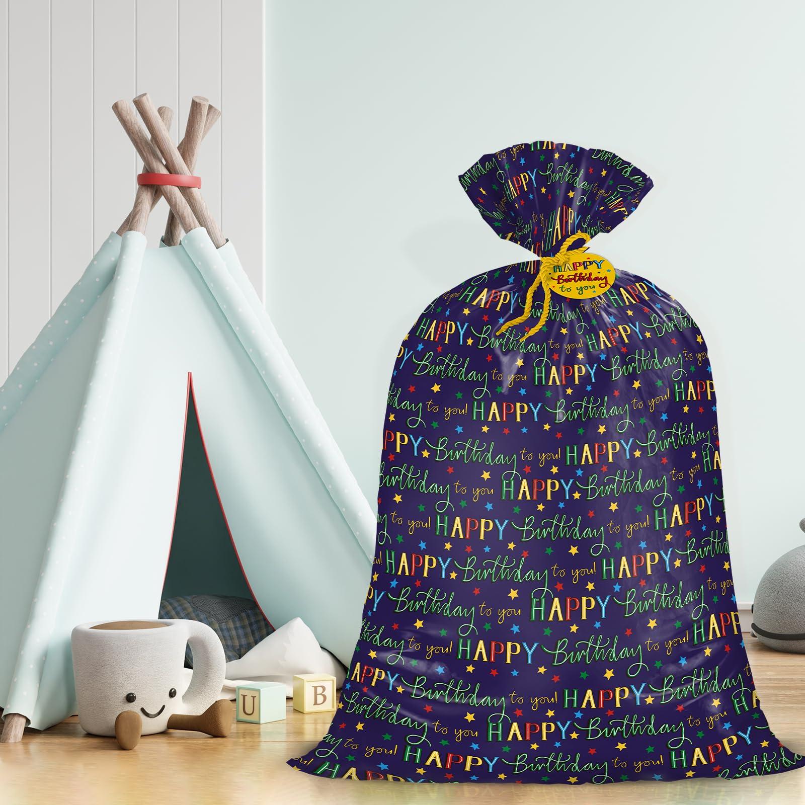 WRAPAHOLIC 56" Large Birthday Plastic Gift Bag - Colorful Happy Birthday and Stars Jumbo Bike Bag Gift Wrap for Kids Birthdays, Parties, Celebrating - 56" H x 36" W