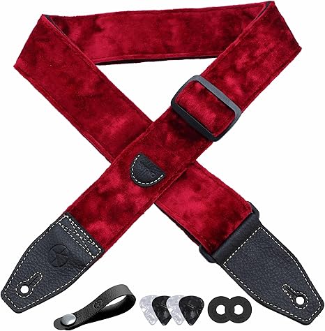 Guitar Strap 2 inch Velvet Guitar Straps with Full Grain Leather End, for Bass Electric and Acoustic Guitars, Free Strap Button, 2 Strap Locks and 4 Guitar Picks