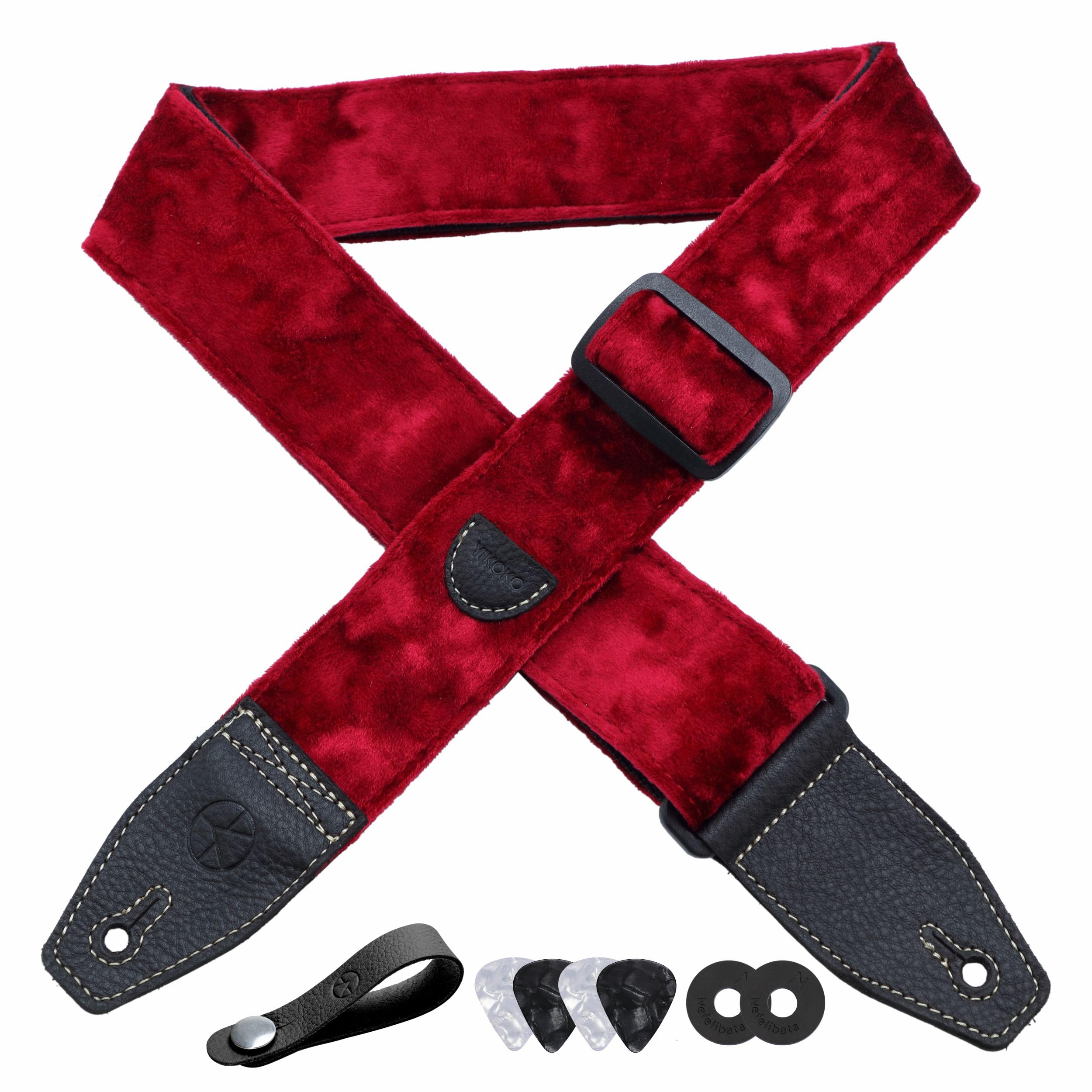 YIKOKO Guitar Strap 2 inch Velvet Guitar Straps with Full Grain Leather End, for Bass Electric and Acoustic Guitars, Free Strap Button, 2 Strap Locks and 4 Guitar Picks