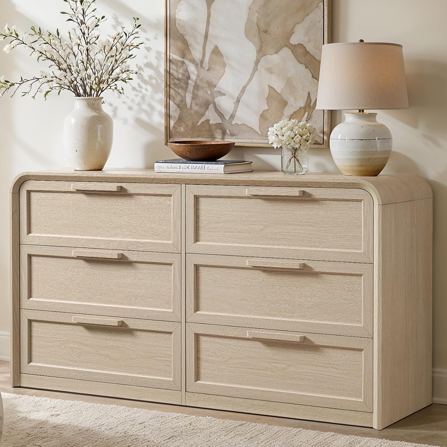 56.7" Curved 6 Drawer Dresser for Closet, Light Oak | Wood Chest of Drawers Modern Bedroom Dressers, 1.2" Thick Board FSC Certified TV Stand for Living Room & Entryway