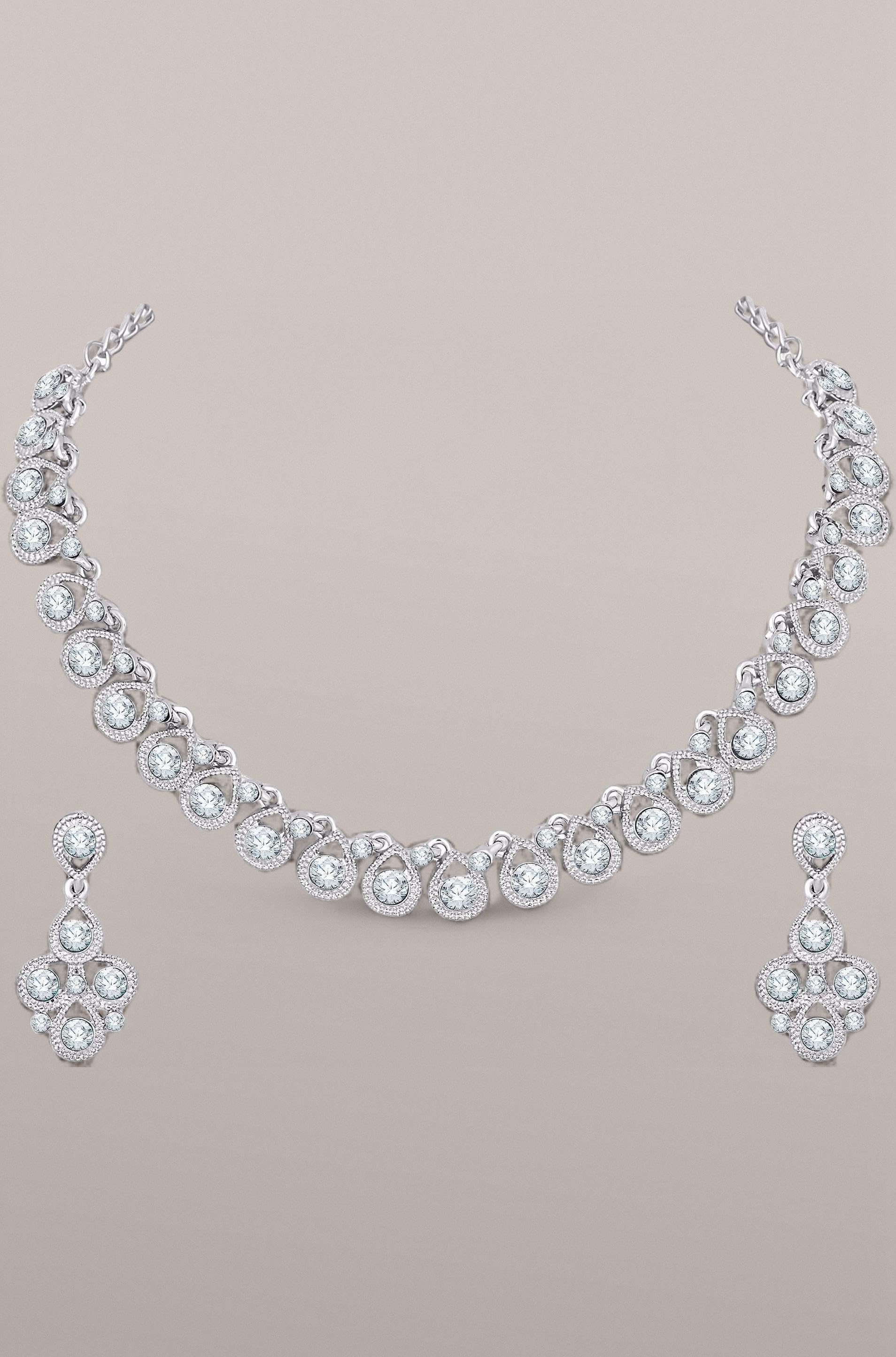 Atasi International White Diamond/Stones Silver Plated Alloy Necklace Set with Earrings for Women | Stylish Jewellery for Party, Wedding and Festive Occasions | Fashion Accessories