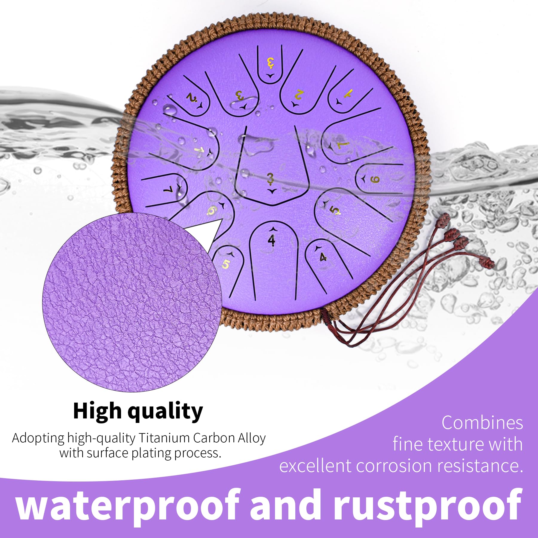 Tambour à langue en acier de 33 cm, 15 notes, do majeur 440 Hz pour adultes, enfants et débutants, cadeau de méditation, avec livre de musique, maillets et sac de transport (violet)