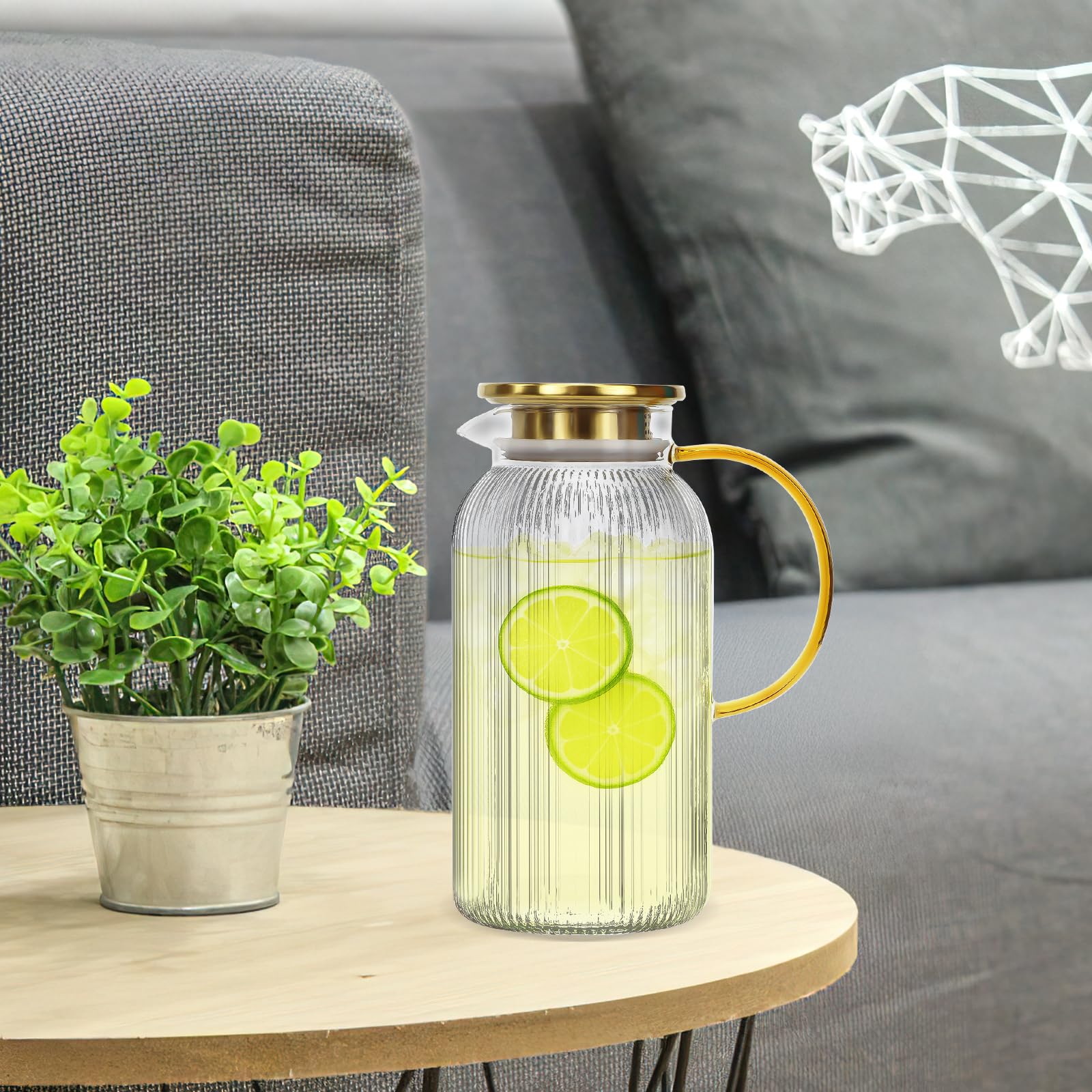 Lot de 2 Carafes en Verre Borosilicate Nervuré, 2 L avec Couvercles