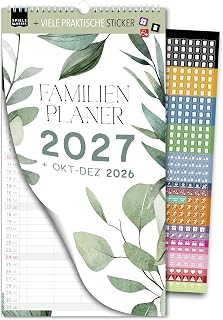 Spielefabrik® Familienkalender 2027 Familienplaner 5 Spalten PFLANZEN Kalender 23 x 43 cm Romantischer Wandplaner 5 Spalten Floral Natur in grünem Design Vintage Look mit Stickern Ferien Feiertagen