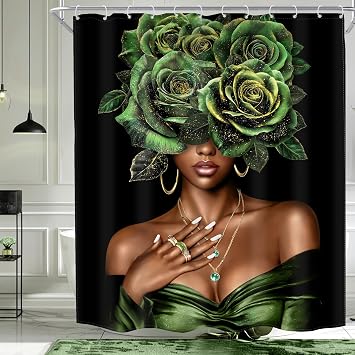 MESHELLY African American Shower Curtain 60Wx72H Black Lady Girl Afro Woman Green Gold Rose Floral Bathroom Curtain Peony Flower Pretty Bath Curtain Bathroom Accessories Decor with 12 Hook