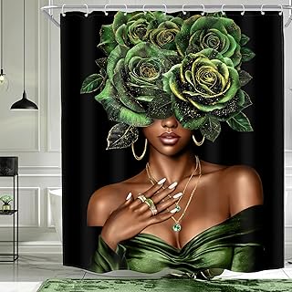 MESHELLY African American Shower Curtain 60Wx72H Black Lady Girl Afro Woman Green Gold Rose Floral Bathroom Curtain Peony Flower Pretty Bath Curtain Bathroom Accessories Decor with 12 Hook