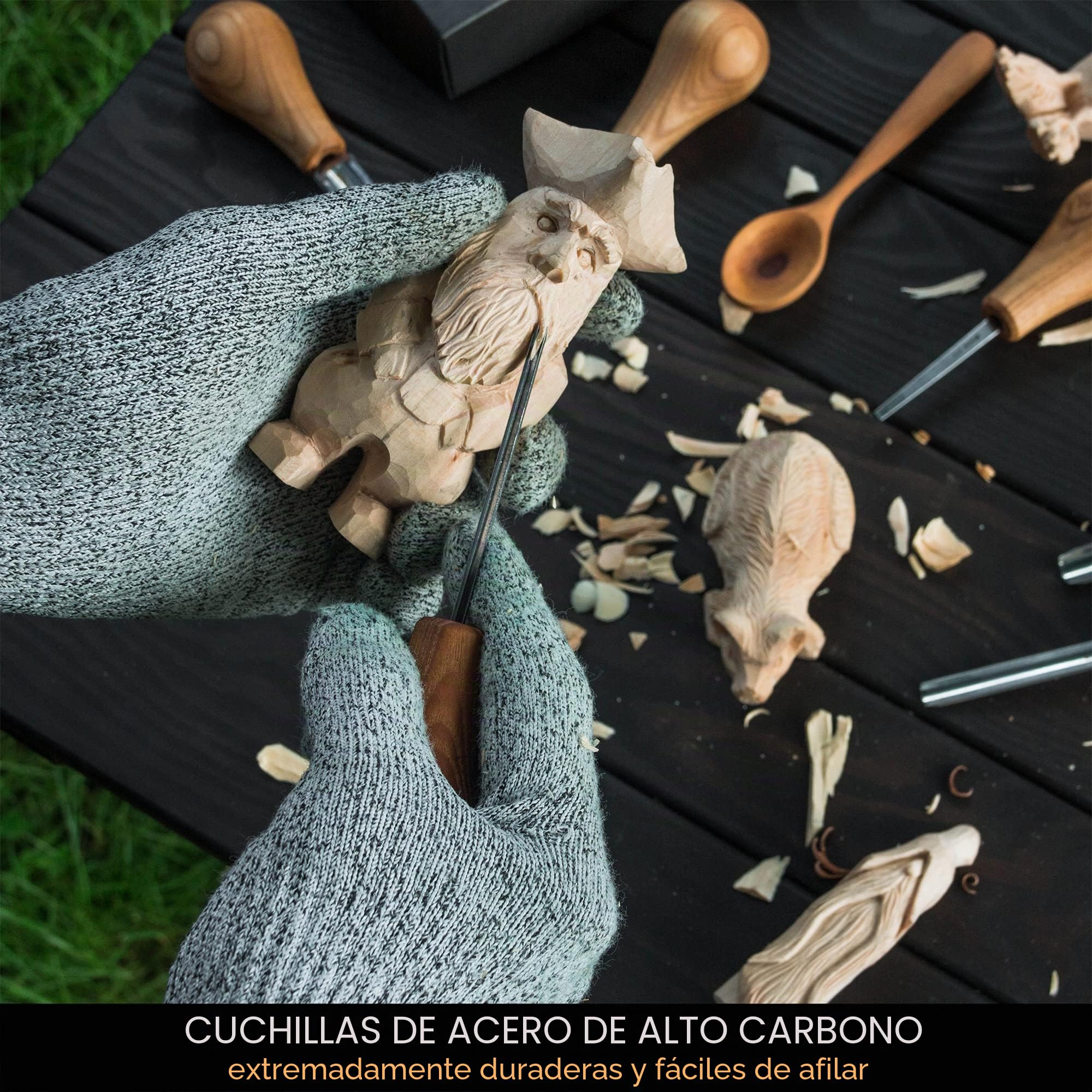 BeaverCraft SC05 Juego de gubias para tallar madera – Set de formones y gubias con mango de palma, cincel recto plano, curvo corto y en V – Herramientas de tallado para principiantes y profesionales
