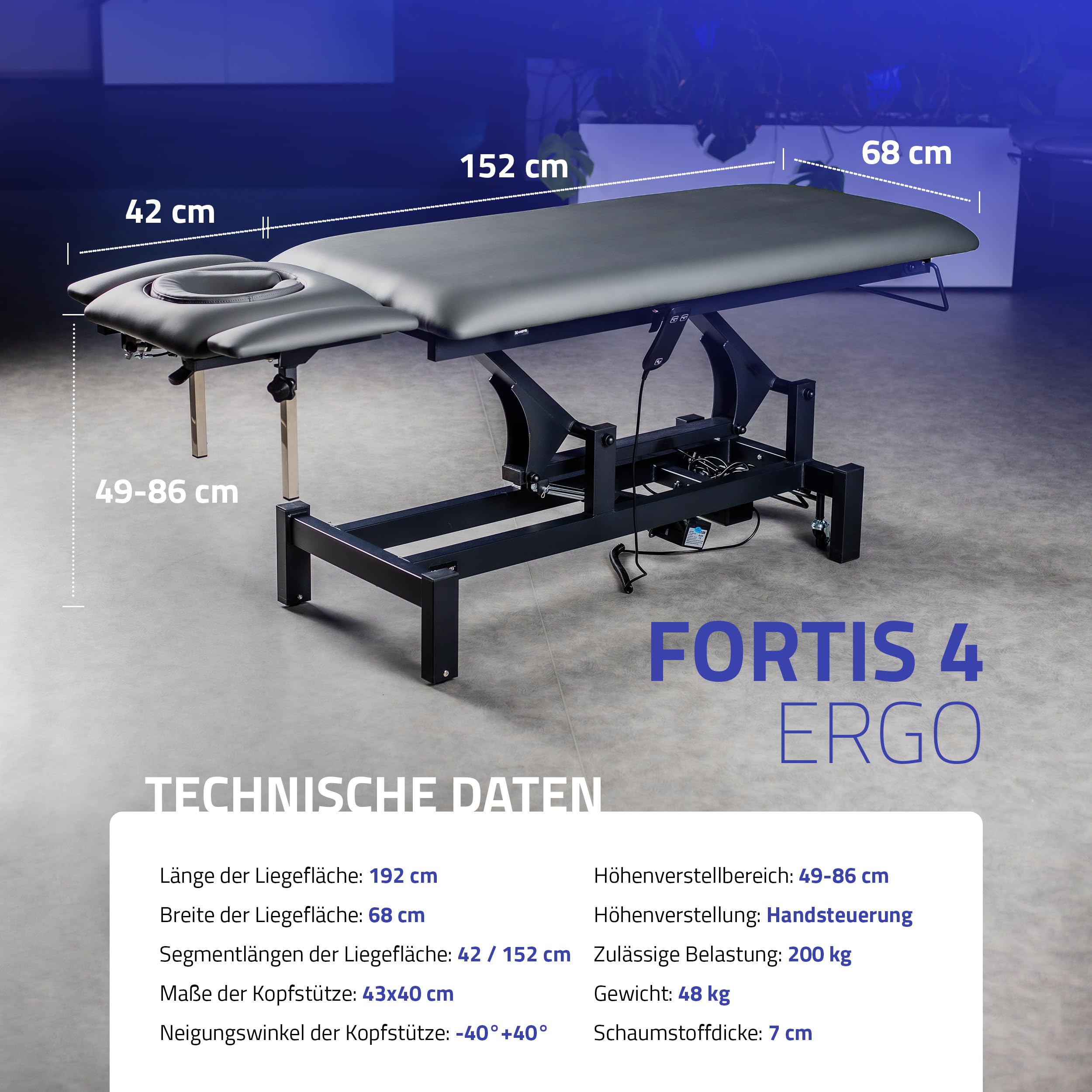 Massageliege Elektrisch mit 4-Segmente, Elektrische Massageliege Höhenverstellbar 192 x 68cm, Kosmetikliege Elektrisch bis zu 200 kg, Massagebank für Therapieliege mit Fernbedienung, Fortis 2 Ergo