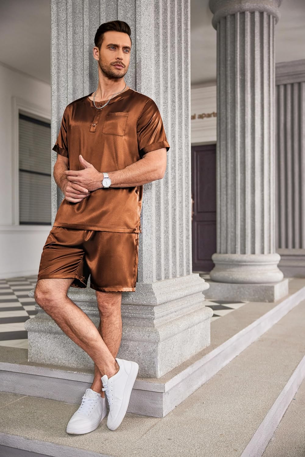 Ekouaer Men Silk Pajamas Set 2 Piece Pjs Soft Satin Sleepwear Shorts Button Down Tops Loungewear with Pockets - Image 4