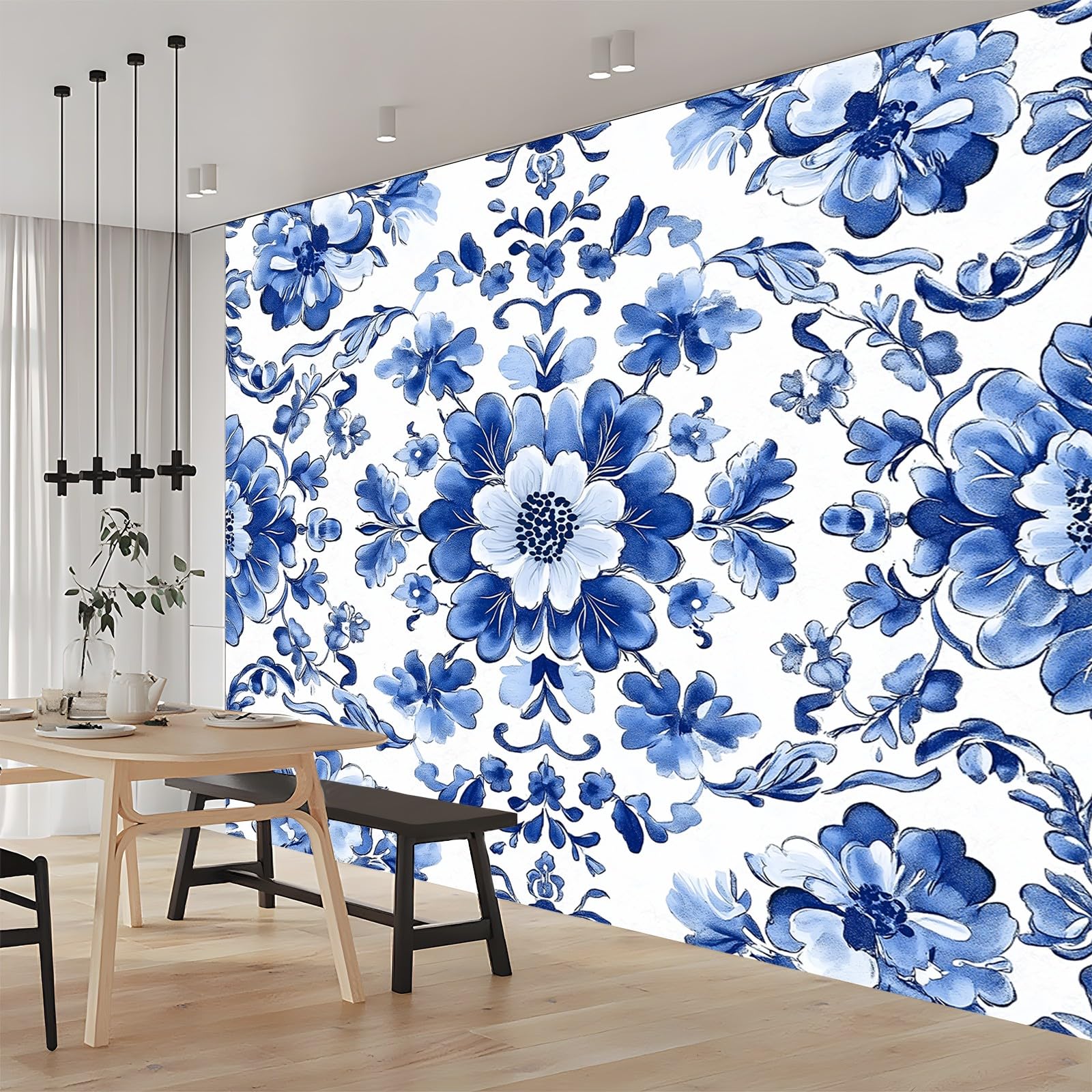 Tapety radition kwiaty orientalny styl niebieski biały 300 x 210 cm (szer. x wys.) , fototapety z włókniny nowoczesne tapety, plakat z efektem 3D wodoodporne malowidła ścienne do kuchni łazienki