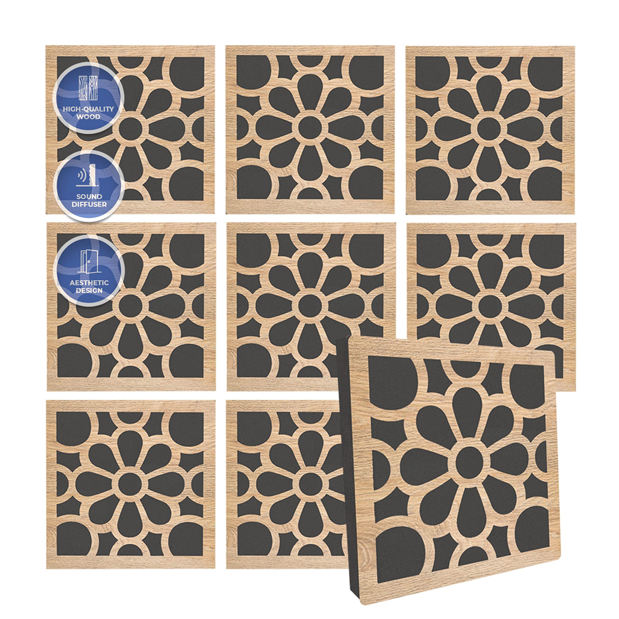 Arrowzoom8 Diffuse PRO Acoustic Wooden Panel Absorb Sound Reduction Recording High-Density Fire Retardant Euroclass E NRC 0.64 up to 5000Hz Scattering Range Royal Petals Design 29x29x1cm 1309