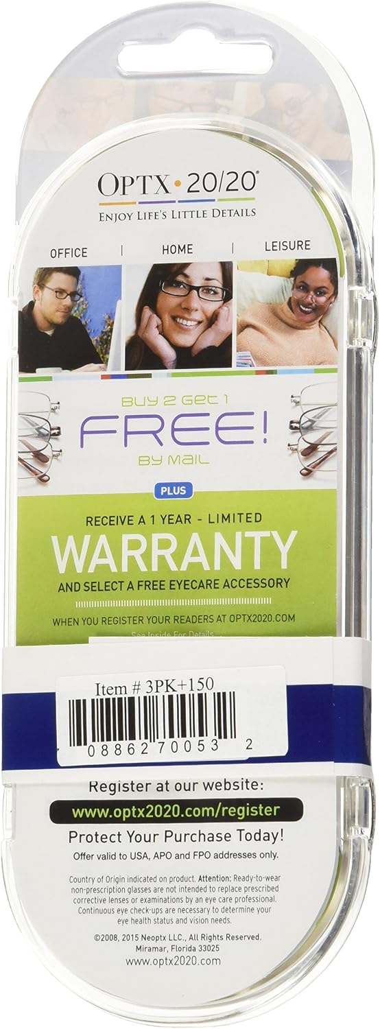 Optx 20/20 Classic Reading Glasses, 150 (Pack of 3)