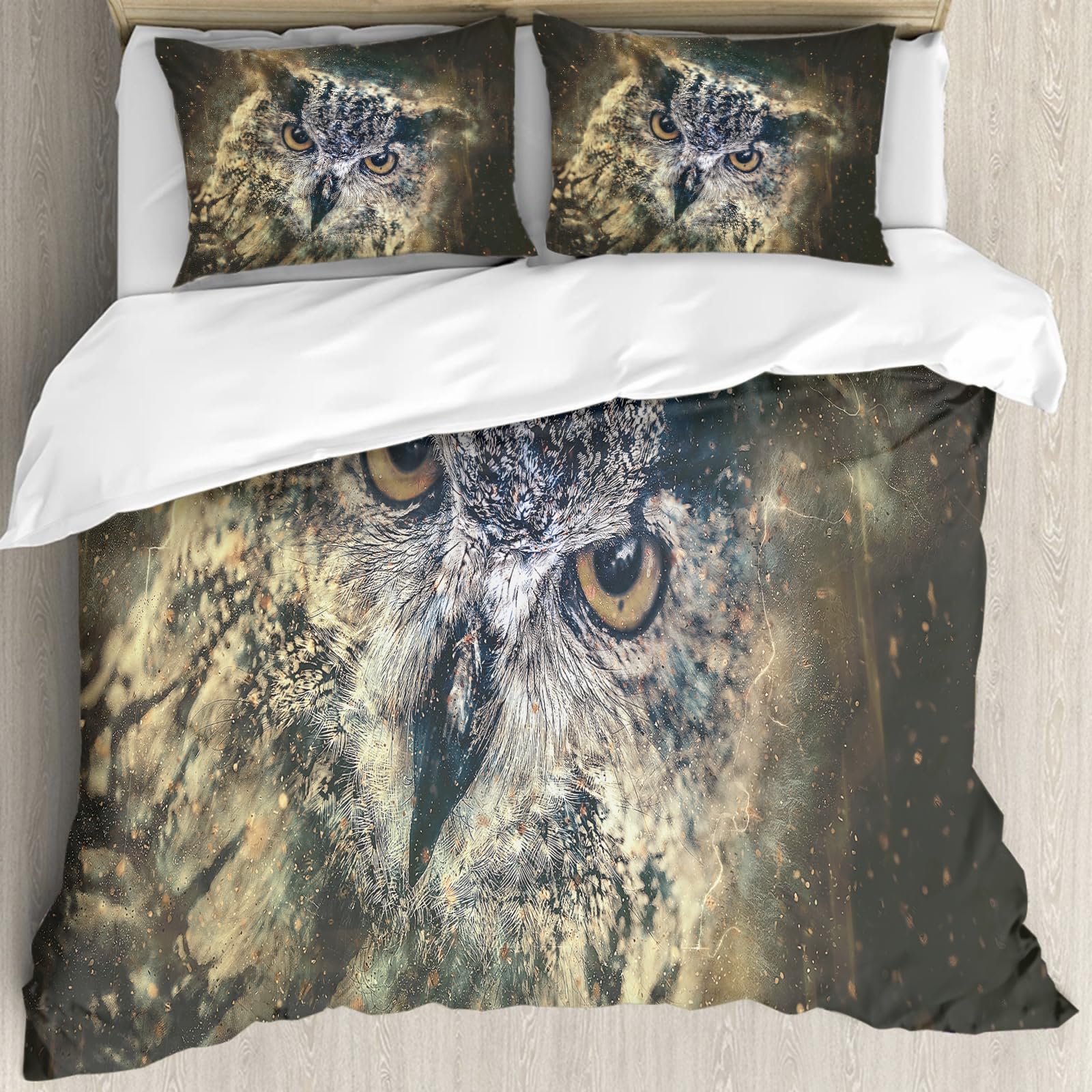 Housse de couette 228x264 parure de lit hibou grand-duc et taie d'oreiller pour allergiques