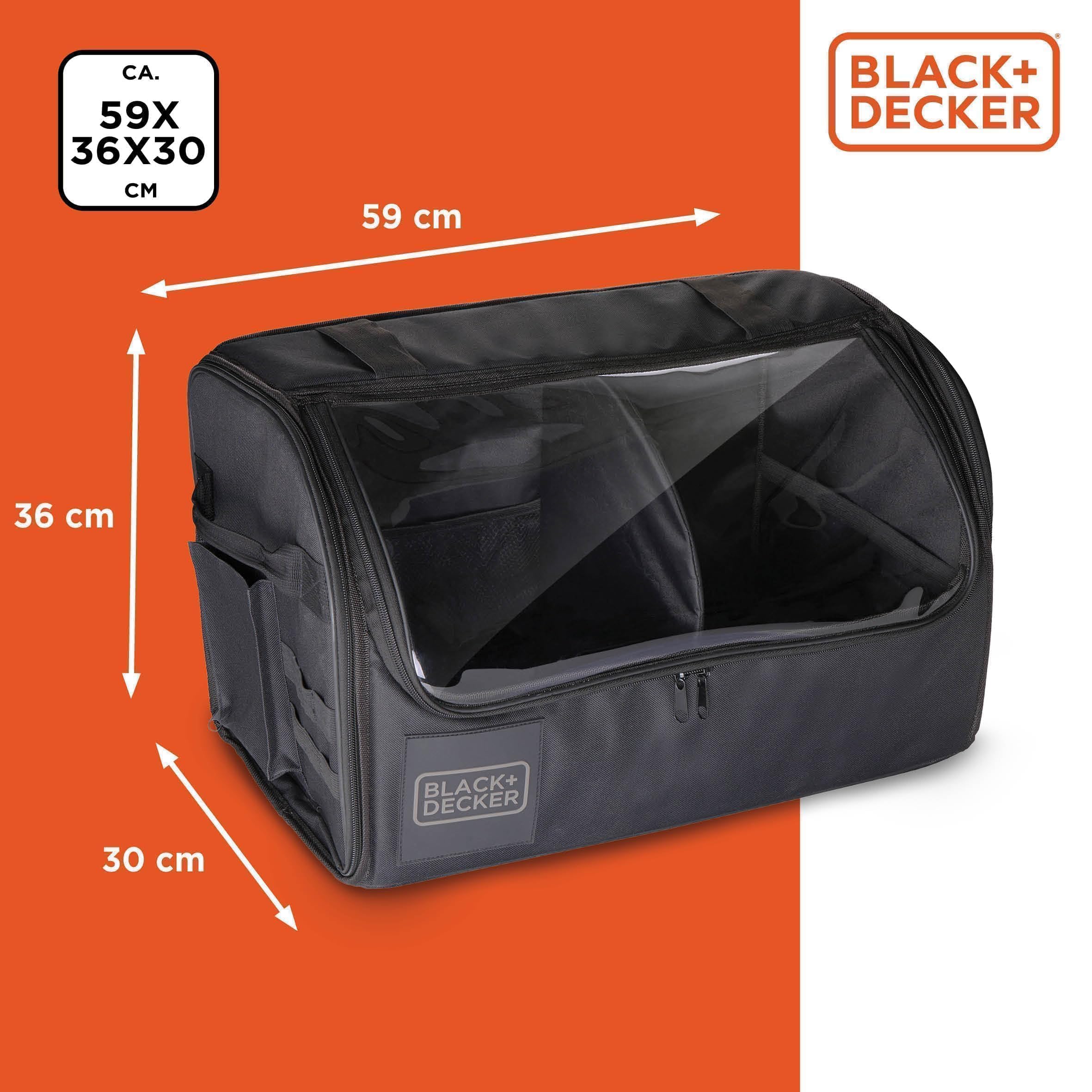 BLACK+DECKER Organizer do bagażnika – torba do bagażnika z przezroczystą pokrywą – 2 główne i kilka kieszeni bocznych – powierzchnia antypoślizgowa – poliester – czarny