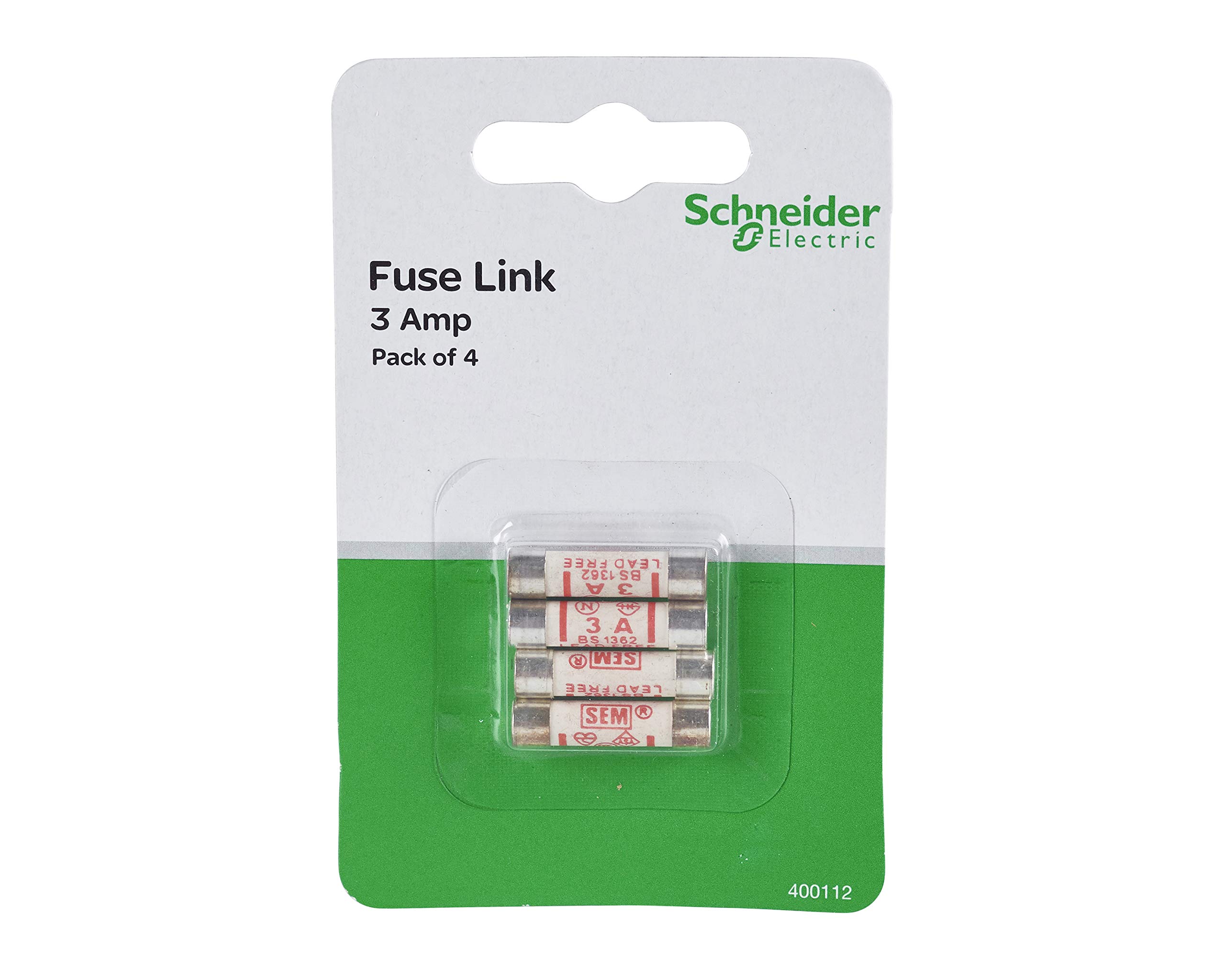 Schneider Electric Exclusive - Fuse Cartridge, 3A, 3Amp, Fuses Assorted, Mains Household UK, Red, 400112, Pack of 4