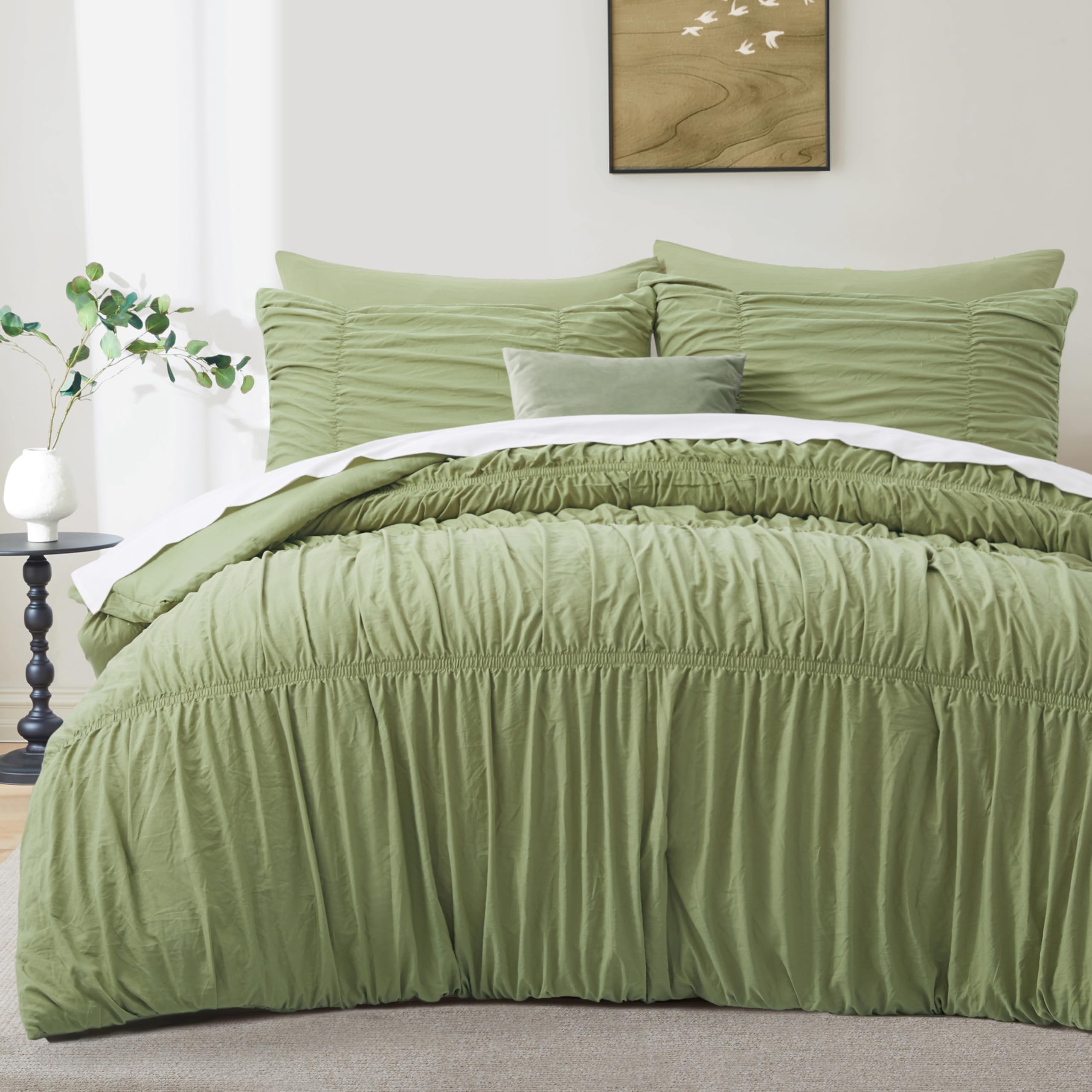Oli Anderson Ruched Comforter Set Queen Size, 5PCS Fluffy Comforter with Elastic Design, Vintage Boho Comforter Bedding Sets, Shabby Chic Farmhouse Rustic Style Bedroom Decor All Seasons - Sage Green
