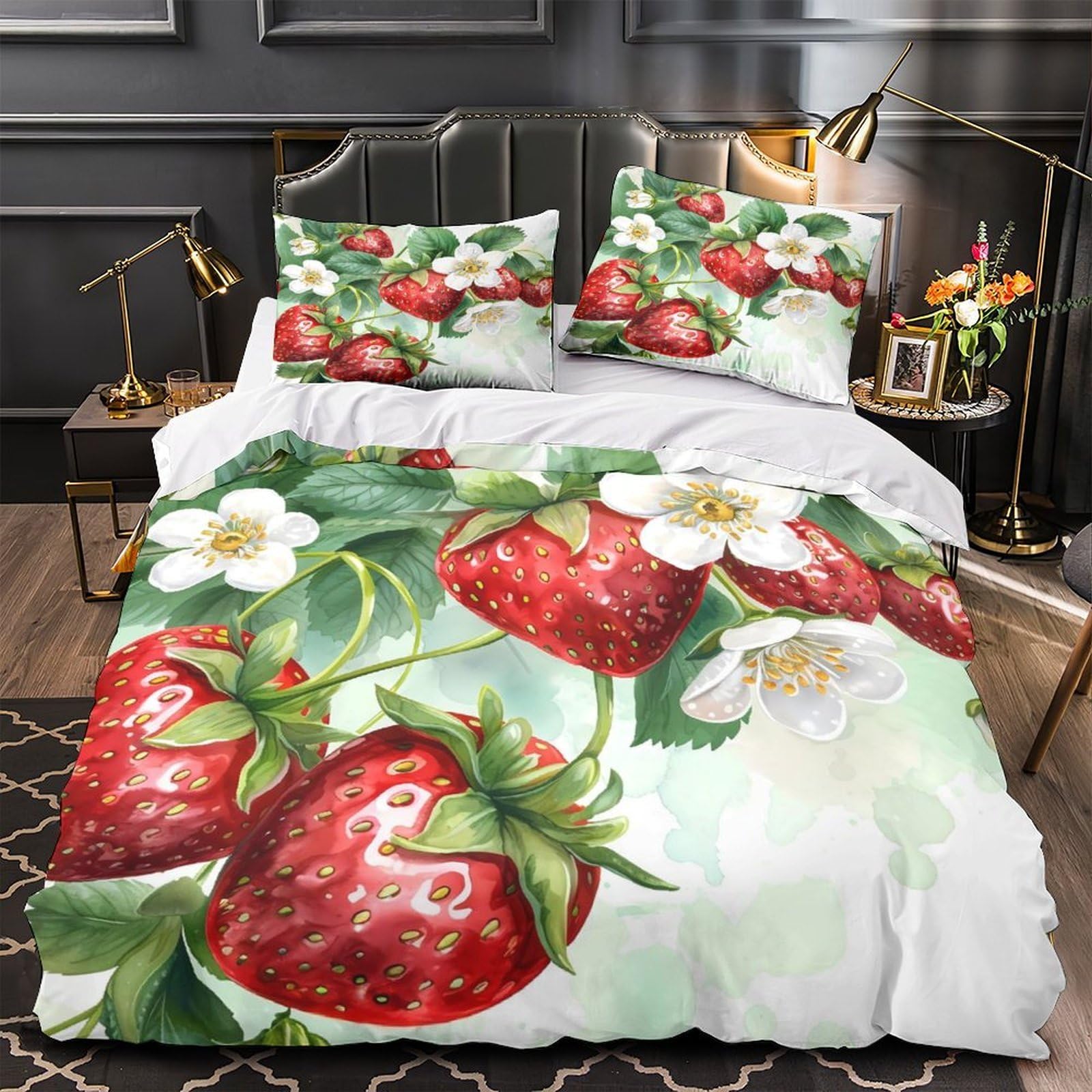 Housse de couette fraise style jardin botanique pour chambre adulte