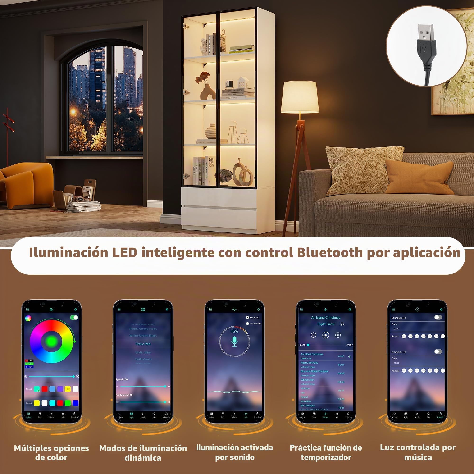 LAKFEW Vitrina con LED y Almacenaje, Vitrina Cristal con 2 Cajones y 2 Puertas de Cristal, Vitrina Expositora Mueble Salon para Despacho, Vitrinas para Salon, 80x34x200 cm, Blanco