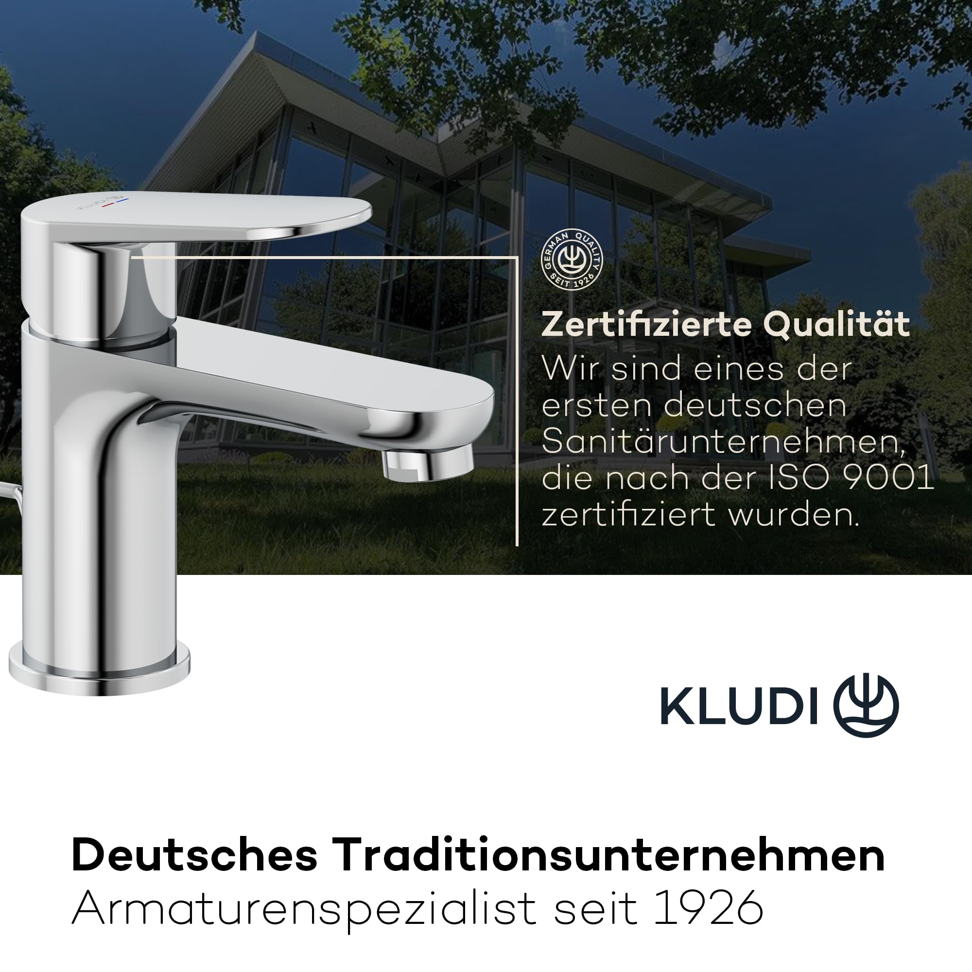 KLUDI-X1 Wasserhahn Bad mit Zugstangen-Ablauf, Auslaufhöhe 75 mm, wassersparende Waschtischarmatur Größe S, Keramikkartusche, Mischbatterie Waschbecken inkl. Anschlussschläuche in Chrom