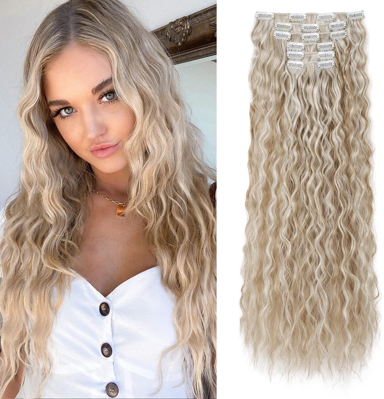 Flufymooz Clip In Hair Extensions,6PCS Hair Extensions Long Mermaid Waves Wavy Synthetic Clip On Hairpiece For Women 24 Inch (Blonde with White Blonde Highlights)