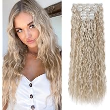 FLUFYMOOZ Clip In Hair Extensions,6PCS Hair Extensions Long Mermaid Waves Wavy Synthetic Clip On Hairpiece For Women 24 Inch Blonde with White Blonde Highlights