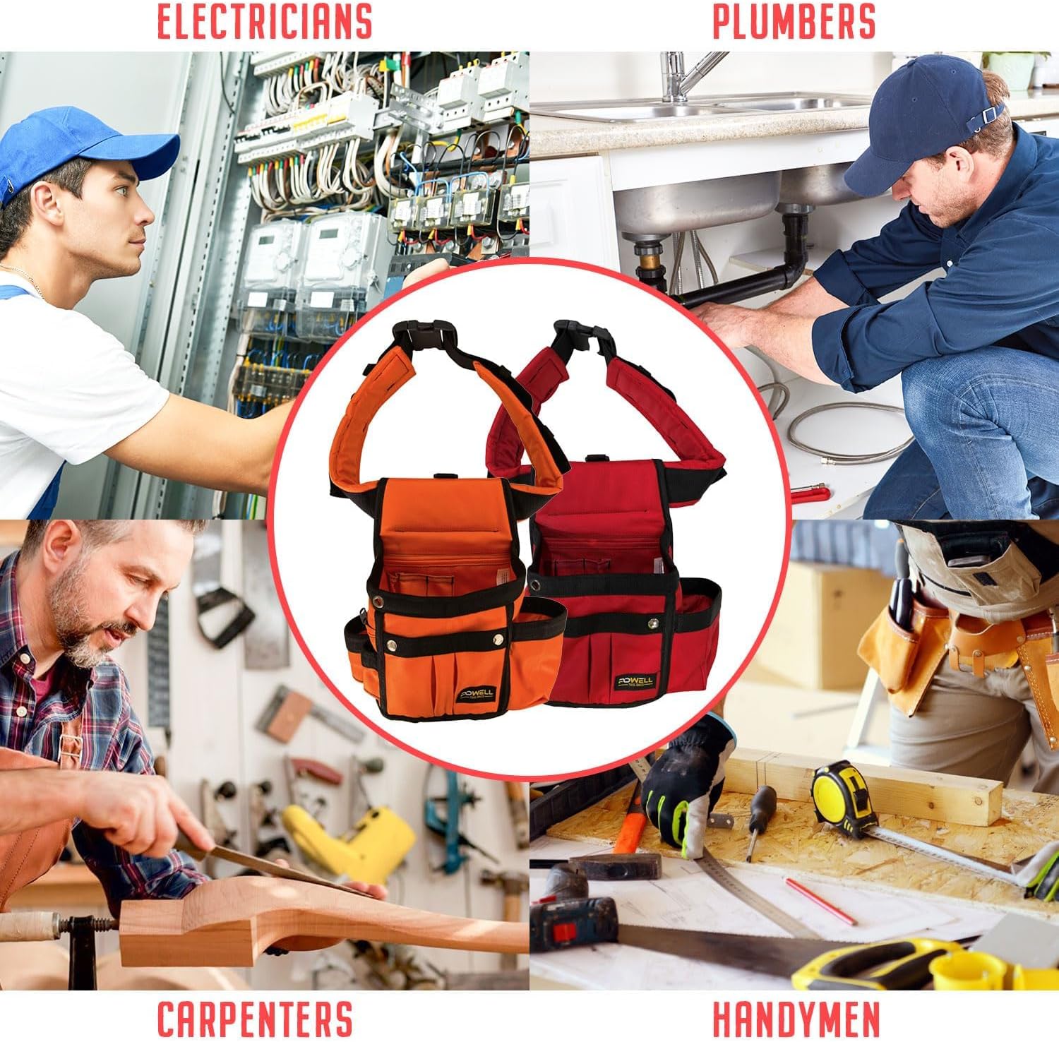 Powell Efficient and Reliable 8 Pocket Single Sided Tool Bag Belt- Adjustable Waist Belt- 1680 D Cordura Construction- Ideal for Mechanics, Electricians, Plumbers, Carpenters, and Handymen(Red)