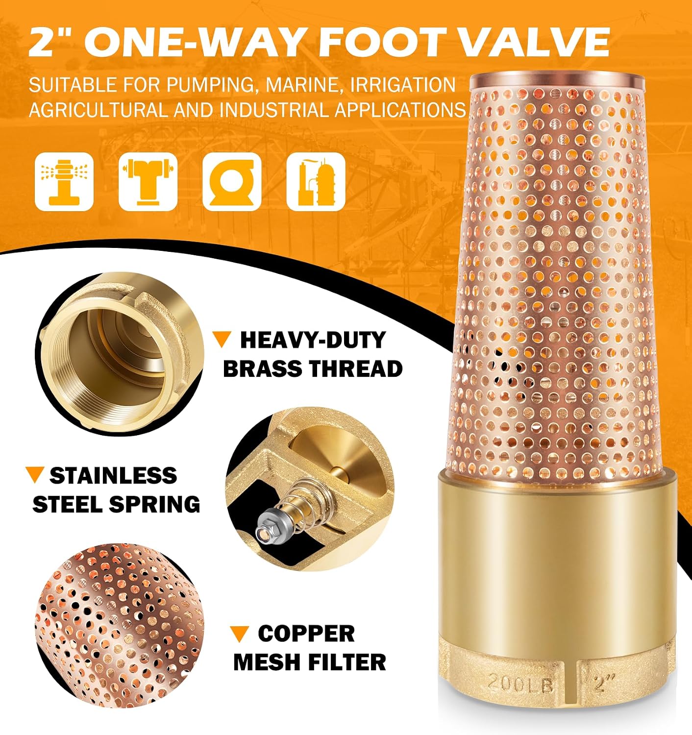 2 Inch Foot Valve for Irrigation Pump, No-Lead Brass Foot Valve, One-Way With ZEBRA MUSSEL Strainer