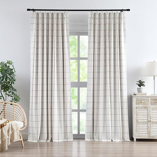 Vision Home Flax Linen Plaid Pinch Pleated Full Blackout Curtains 40Wx90Lx2