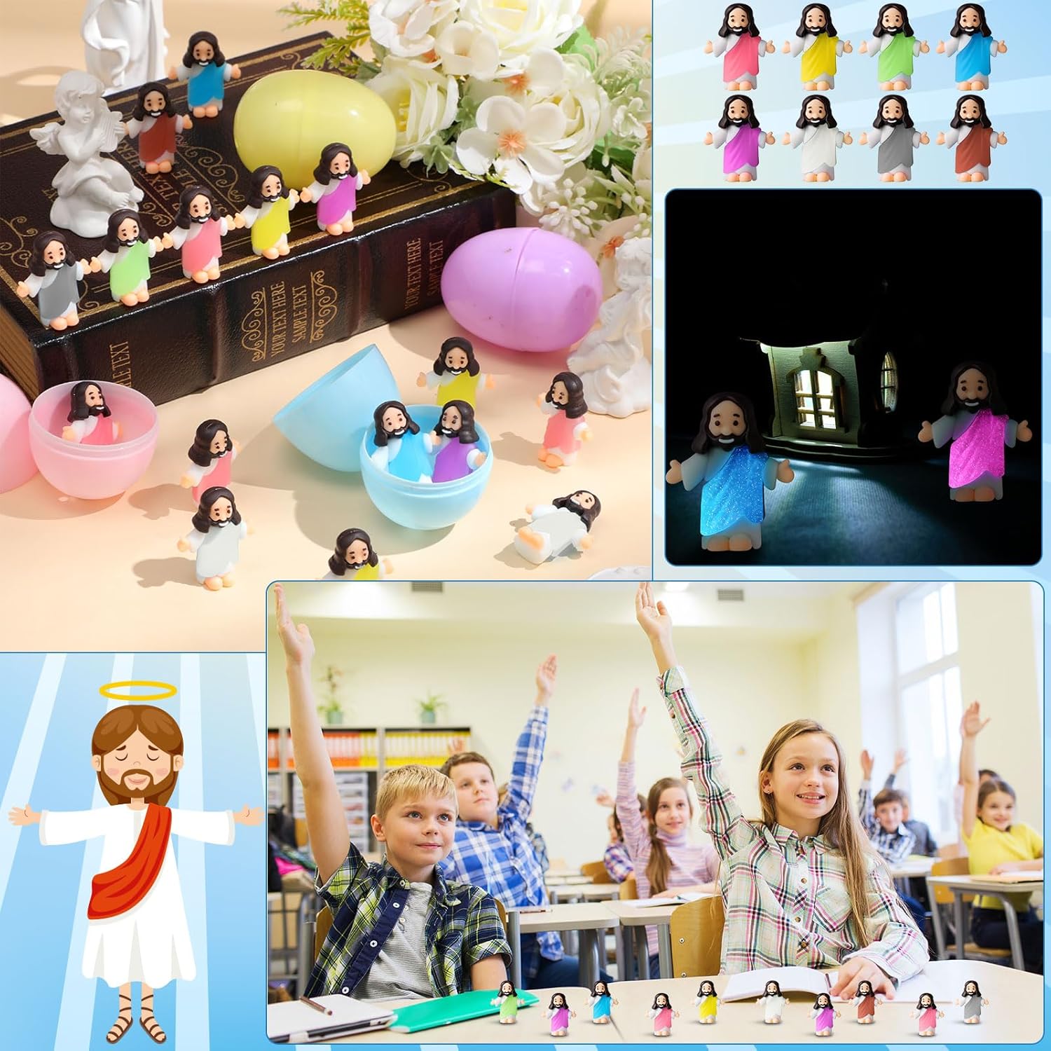 Barydat 200 Pcs Little Jesus Figures Glow in The Dark Jesus Bulk Christian Gifts to Hide for VBS Let Your Light Shine Religious Party Sunday School Baptism Communion Halloween Xmas (8 Colors)