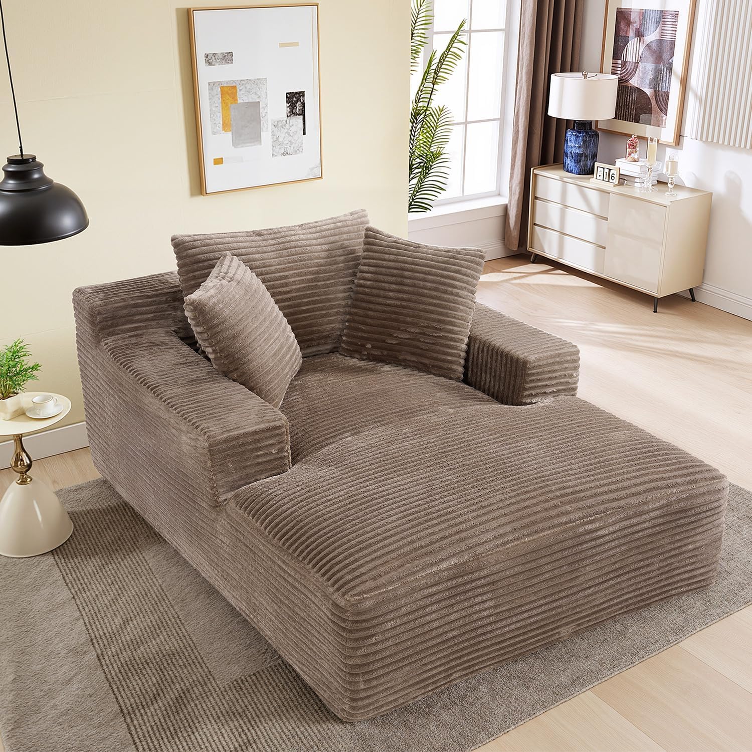 50"W x 68"D Oversized Chaise Lounge Chair Indoor Boneless Reading Chair Plush Corduroy Recliner Large Deep Seat Upholstered Sleeper Comfy Sofa Bed Couch with 3 Pillows for Living Room Bedroom, Camel