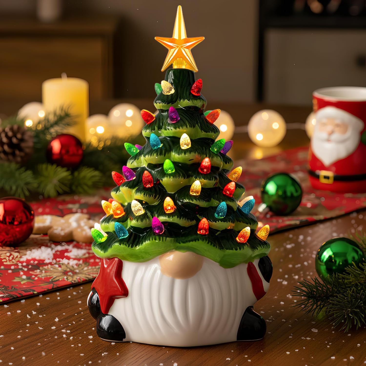 XPSCOCO Ceramic Gnome Christmas Tree, Christmas Decor Indoor with 54 Multi-Colored Lights, Pre-Light Hand-Painted Hoilday Tree with 5-Pointed Star for Tabletop Decorative Xmas Decorations