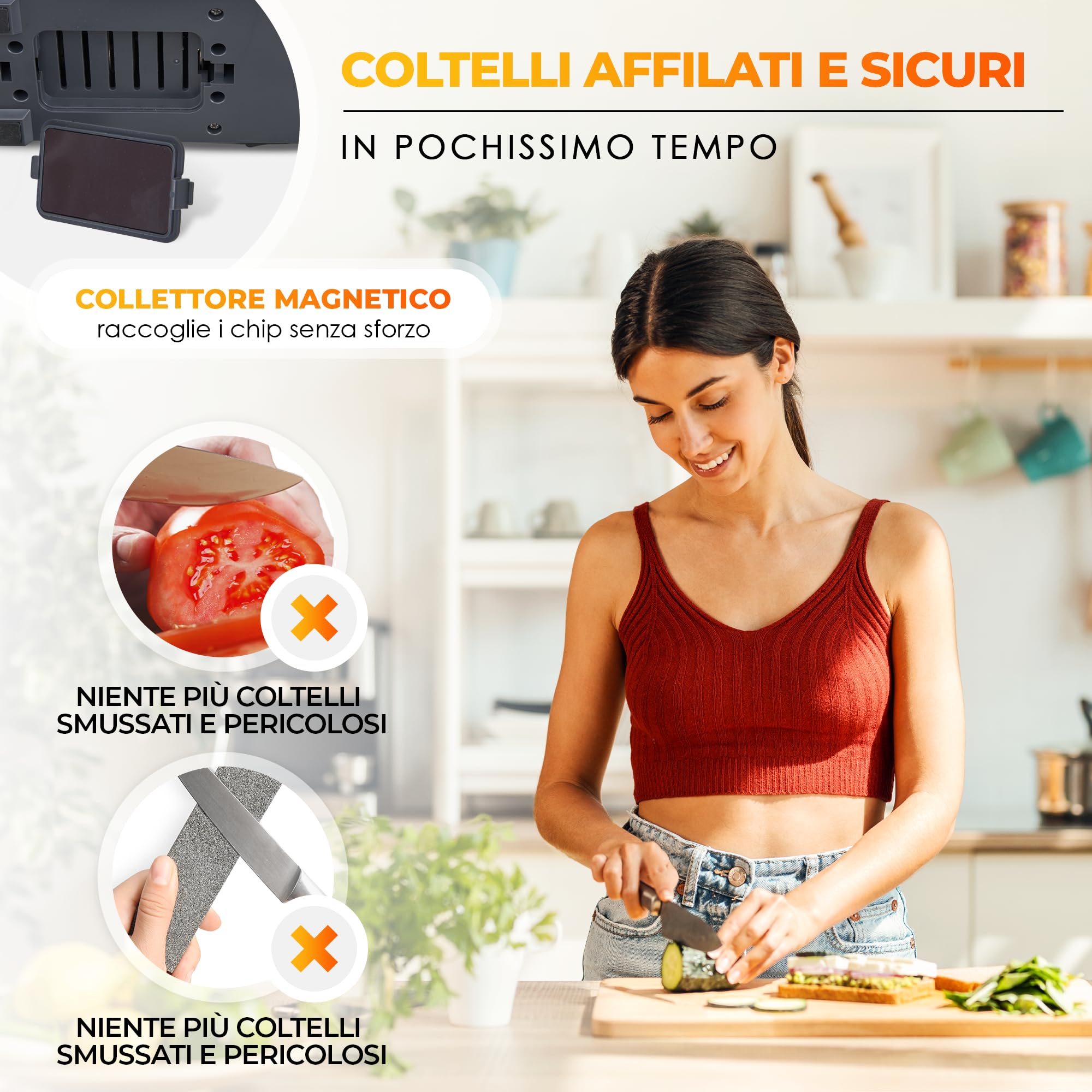 AUSTEIN Affilacoltelli elettrico Professionale al diamante TG2202 - con 3 Fasi Versatili, Mole diamantate Monocristalline, Affilatura Rapida, Motore Ultra Silenzioso, Protezione dal Surriscaldamento