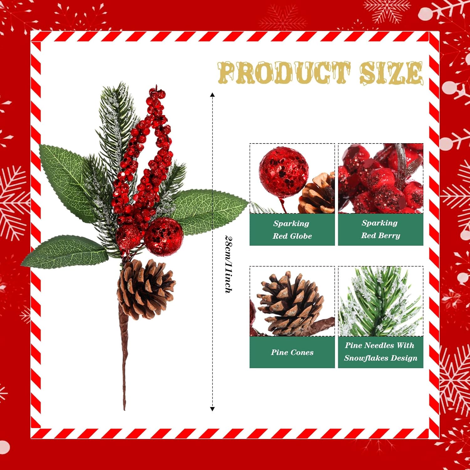 Boao 12 Pieces Glittery Pine Snowy Flower Picks Artificial Holly Red Berry Pine Cone Picks Fake Berries Pine Cones for Christmas Crafts Party Festive Home Decor (Glitter Sequins Style, 11 Inch)
