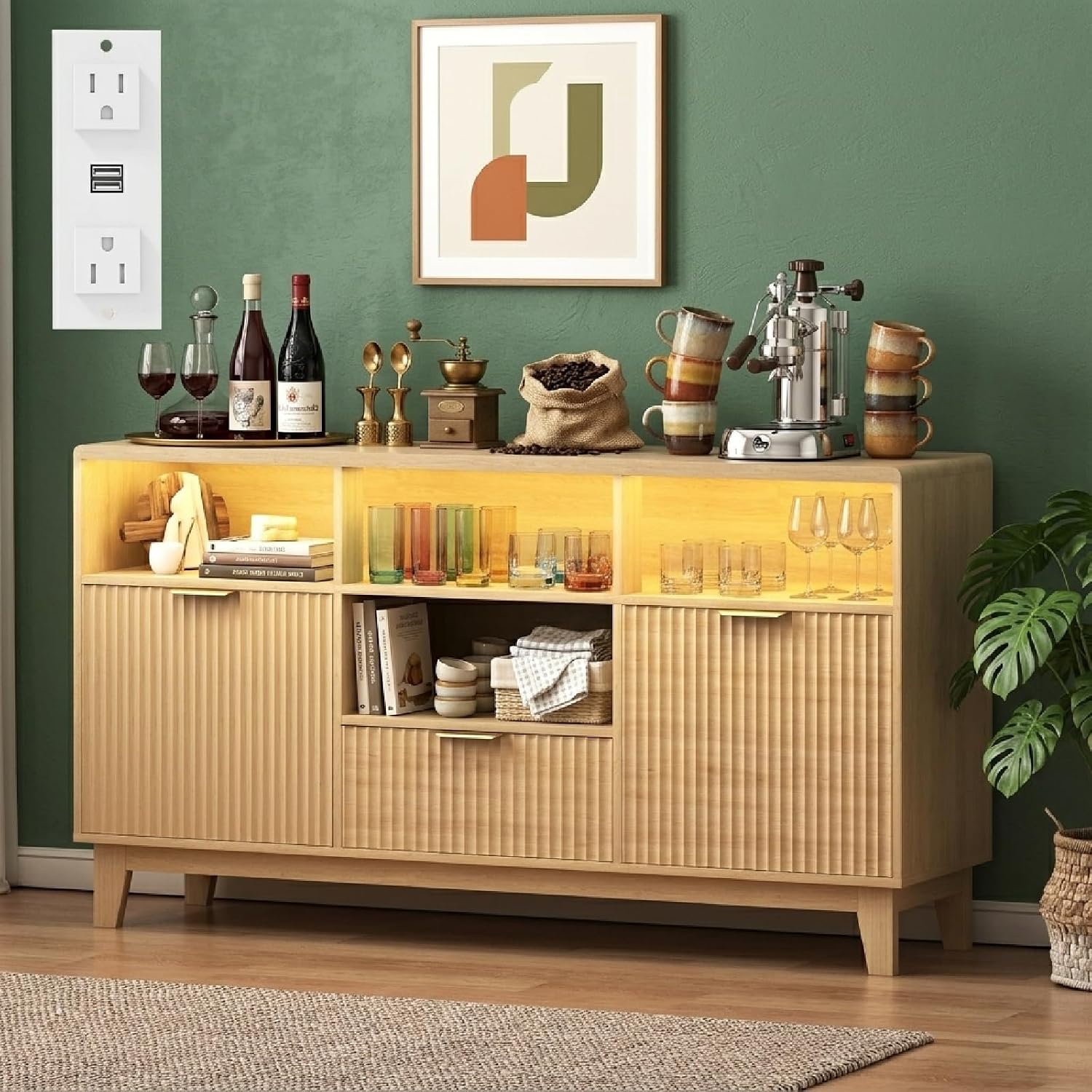 Credenza - Oak, Wood, Fluted Doors, Power Outlet