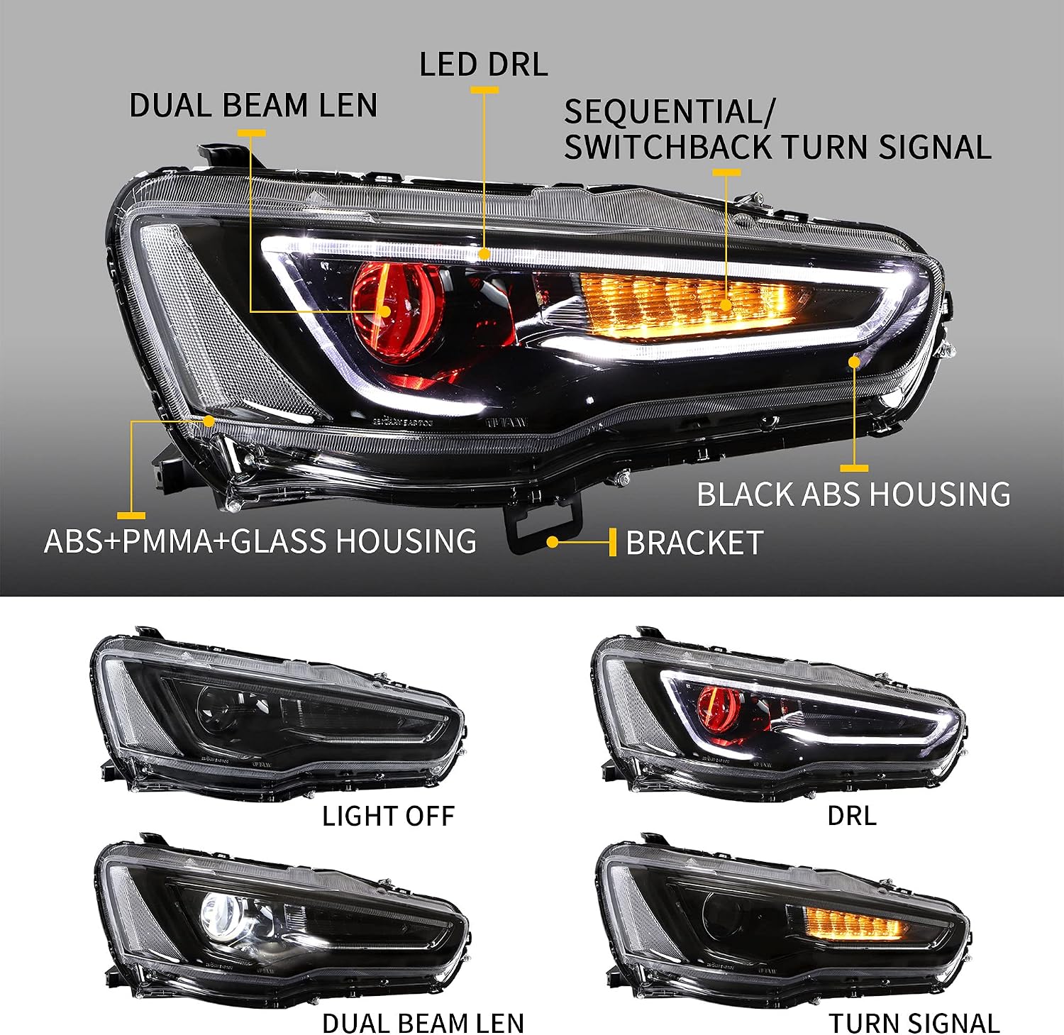 VLAND LED Projector Red Demon Eyes Headlights Assembly Compatible for [Mitsubishi Lancer EVO X Sedan 2008-2018] With Sequential Turn Signal Blackout Front Lamps, Fit For D2H light bulbs (No include)