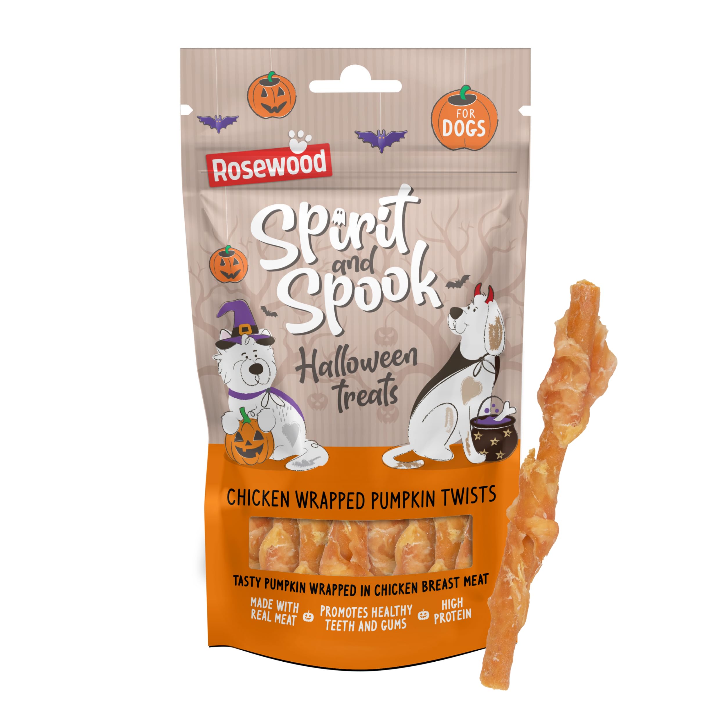 Rosewood Spirit & Spook Halloween Dog Treats – Chicken Wrapped Pumpkin Twists – Real Chicken Breast & Pumpkin, High Protein, No Artificial Colours or Flavours, Tasty Dental Chews, Healthy Dog Snacks