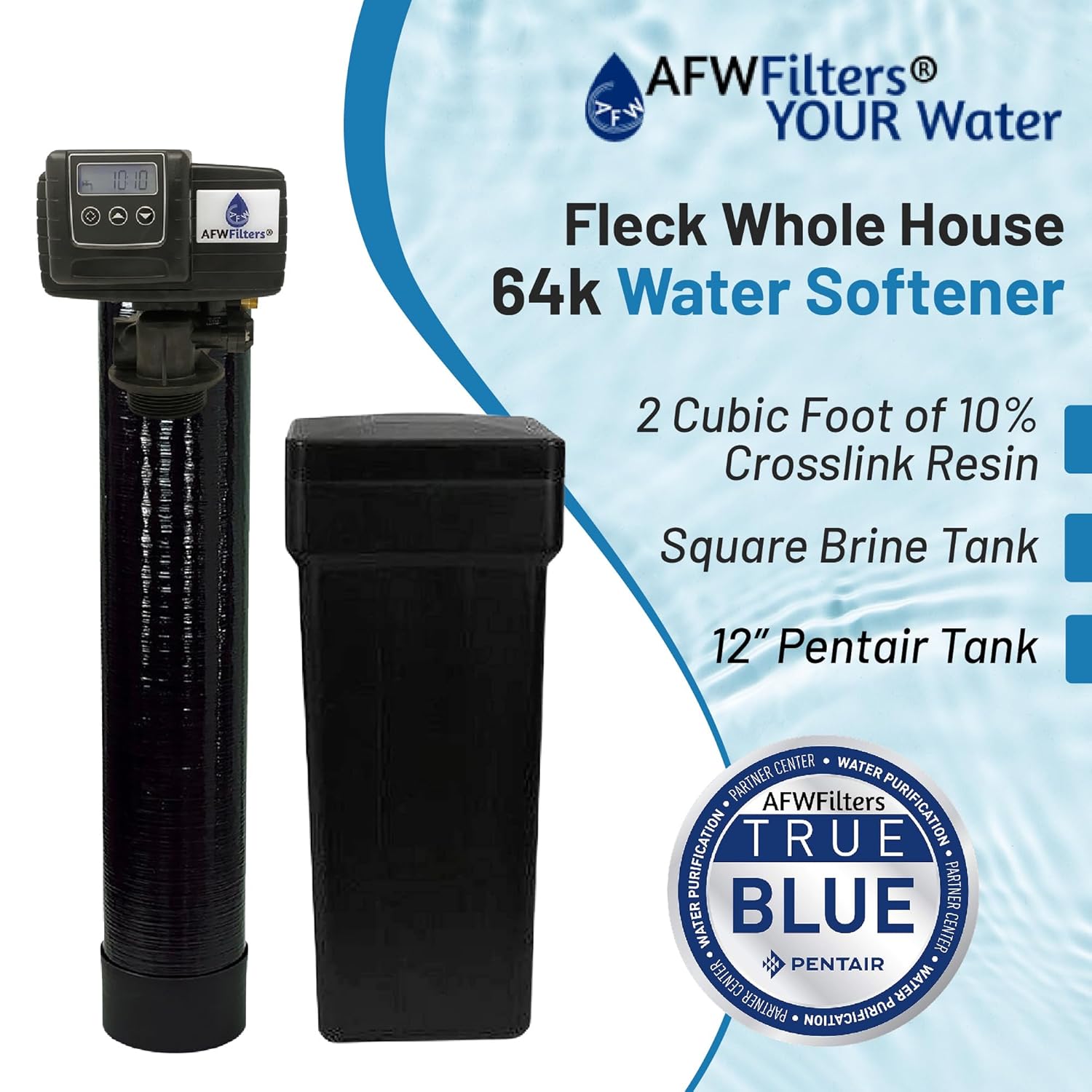 AFW Premium Fleck Whole House 64k Water Softener System - Upgraded 10% Resin 5600sxt Metered On-Demand - Efficient Water Softening System with 1" Bypass and Brine Tank - 64,000 Grain Capacity
