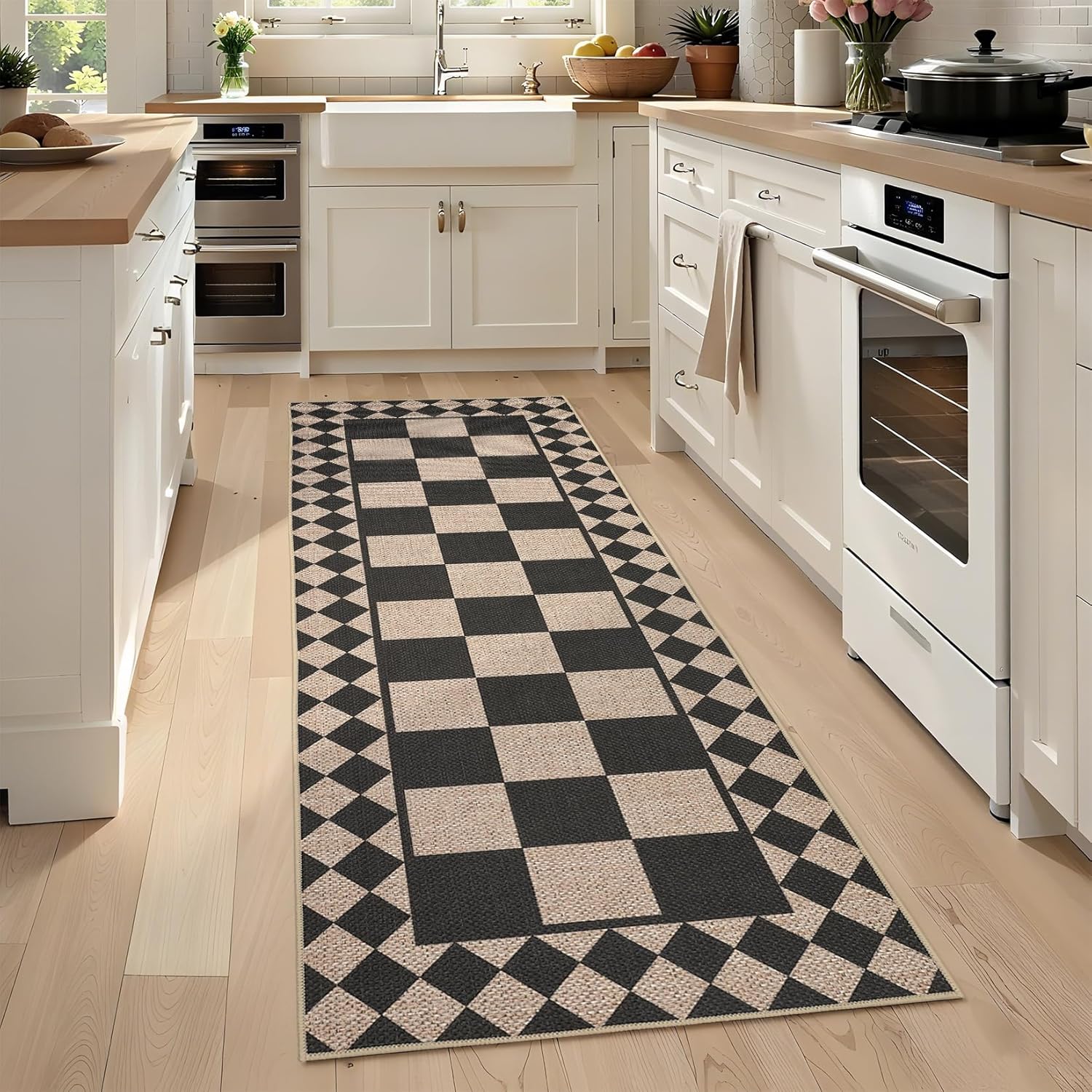 GarveeHome Checkered Jute Runner Rug 2x6 Kitchen Runner Rugs Indoor Outdoor Entryway Rug Non-Slip Washable Jute Rugs for Hallway Non Shedding Neutral Carpet for Bedside Front Door Porch, Natural