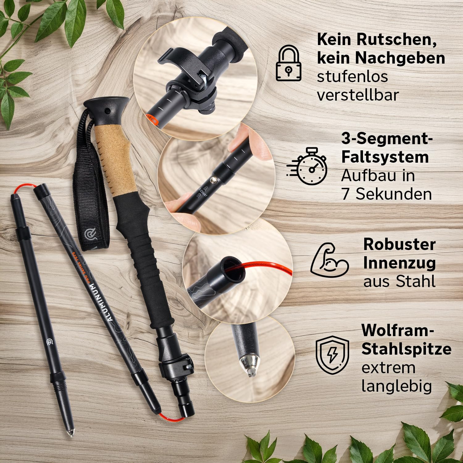 Bastones de senderismo plegables de carbono y aluminio (solo 240 g/295 g) con mango de corcho | Bastones de trekking ultraligeros y ajustables sin niveles, para marcha nórdica, 115-135 cm/100-120 cm, para hombre y mujer