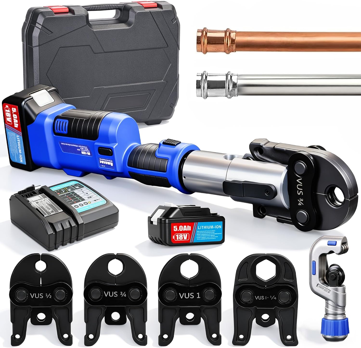 Press Tool Kit, 18V Electric Pipe Crimping Tool for 1/2"-1-1/4" Copper Tubes, 50KN Press Tool Compatible with ProPress - with 4VUS Jaws, 2pcs 2AH Batteries, Pipe cutter, Fast Charger & Carrying Case