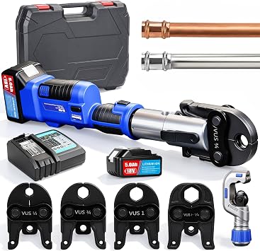 Press Tool Kit, 18V Electric Pipe Crimping Tool for 1/2"-1-1/4" Copper Tubes, 50KN Press Tool Compatible with ProPress - with 4VUS Jaws, 2pcs 2AH Batteries, Pipe cutter, Fast Charger & Carrying Case